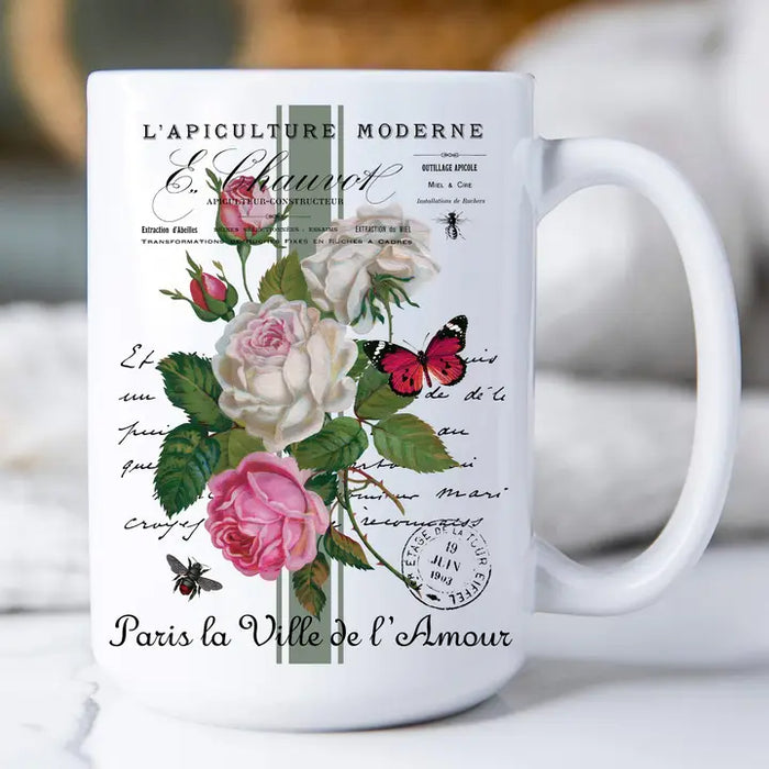 Root and Company - Vintage French Roses Butterfly 15 oz Coffee Mug