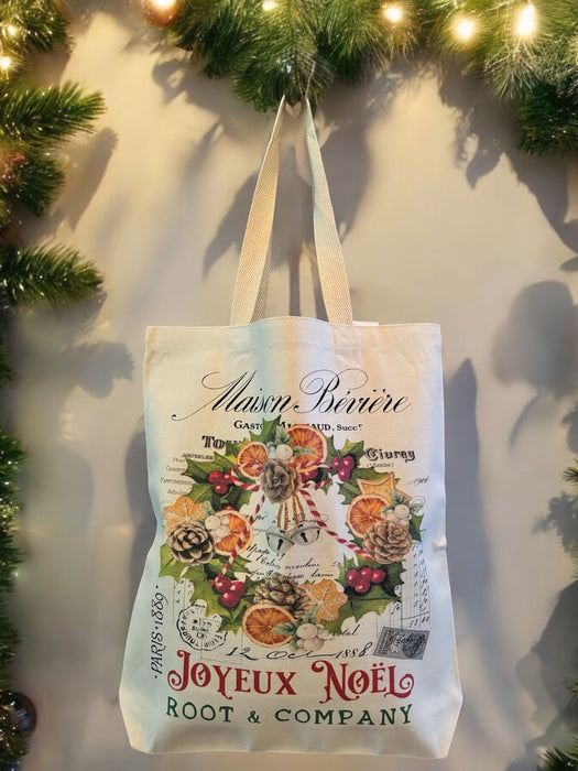 Root and Company - Joyeux Noel Christmas Wreath Canvas Tote Bag