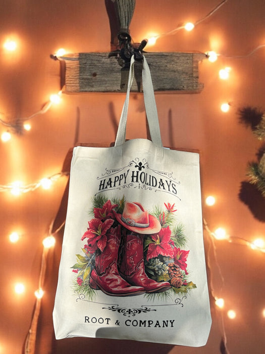 Root and Company - Christmas Red Cowboy Boots Western Canvas Tote Bag