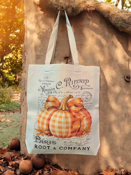 Root and Company - Fall Autumn French Checkered Pumpkin Canvas Tote Bag