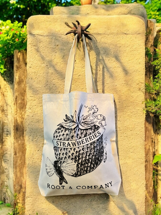 Root and Company - Vintage Strawberries Humming Bird Canvas Tote Bag