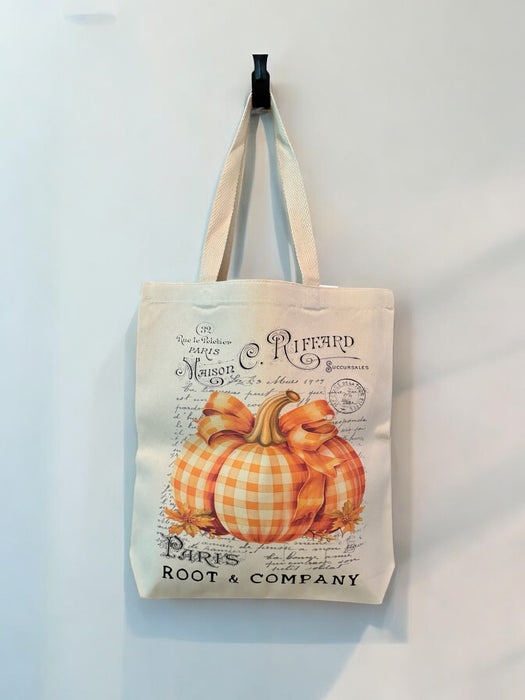 Root and Company - Fall Autumn French Checkered Pumpkin Canvas Tote Bag